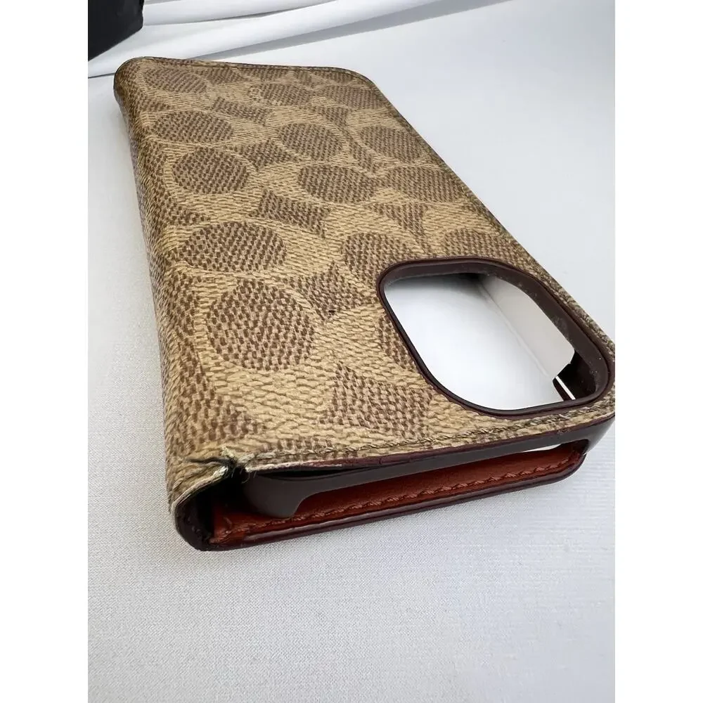 Coach 2024 iPhone 16 Folio Wallet Case Signature C Khaki Tan - Box Included